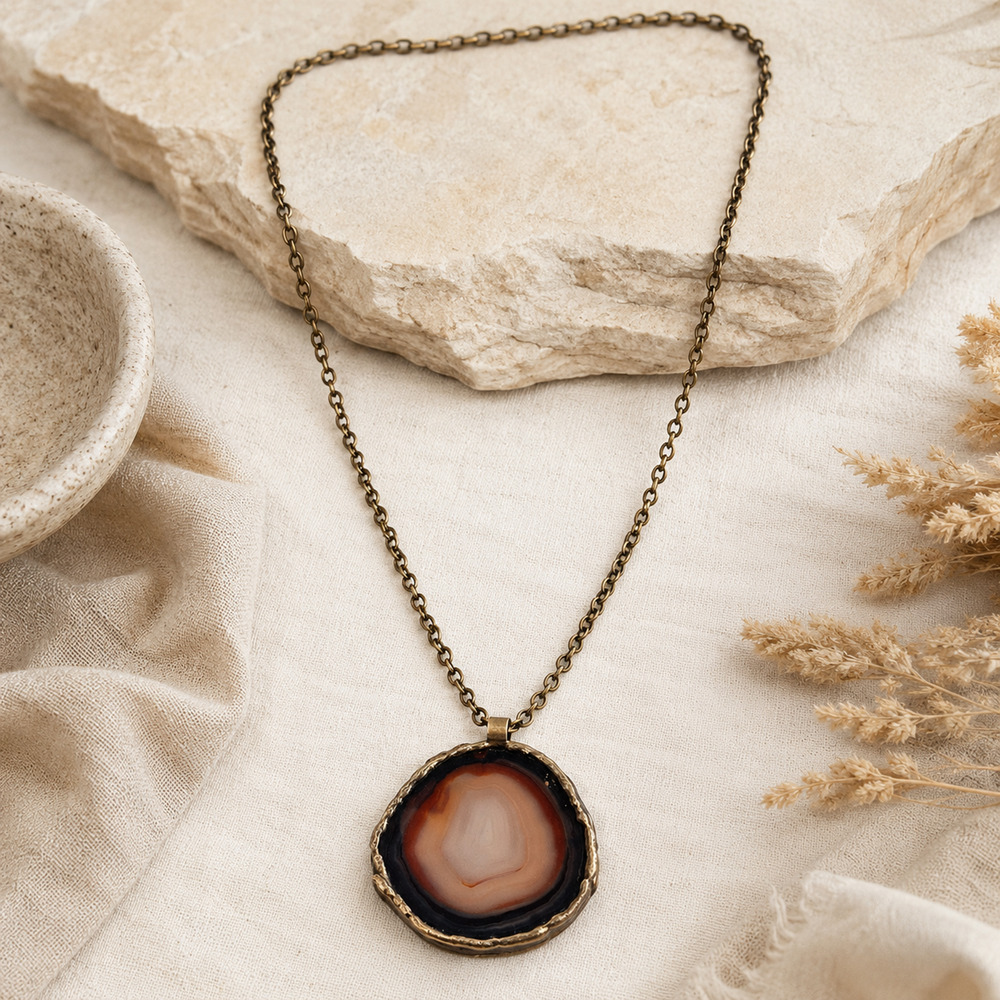 Natural Agate Slice 3" Pendant Necklace Brass Organic Modern Earthy Luxe Boho